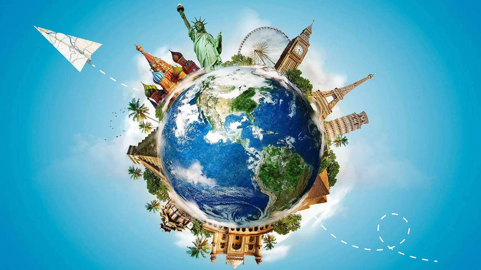 Pemandangan destinasi wisata dengan pesawat terbang di langit