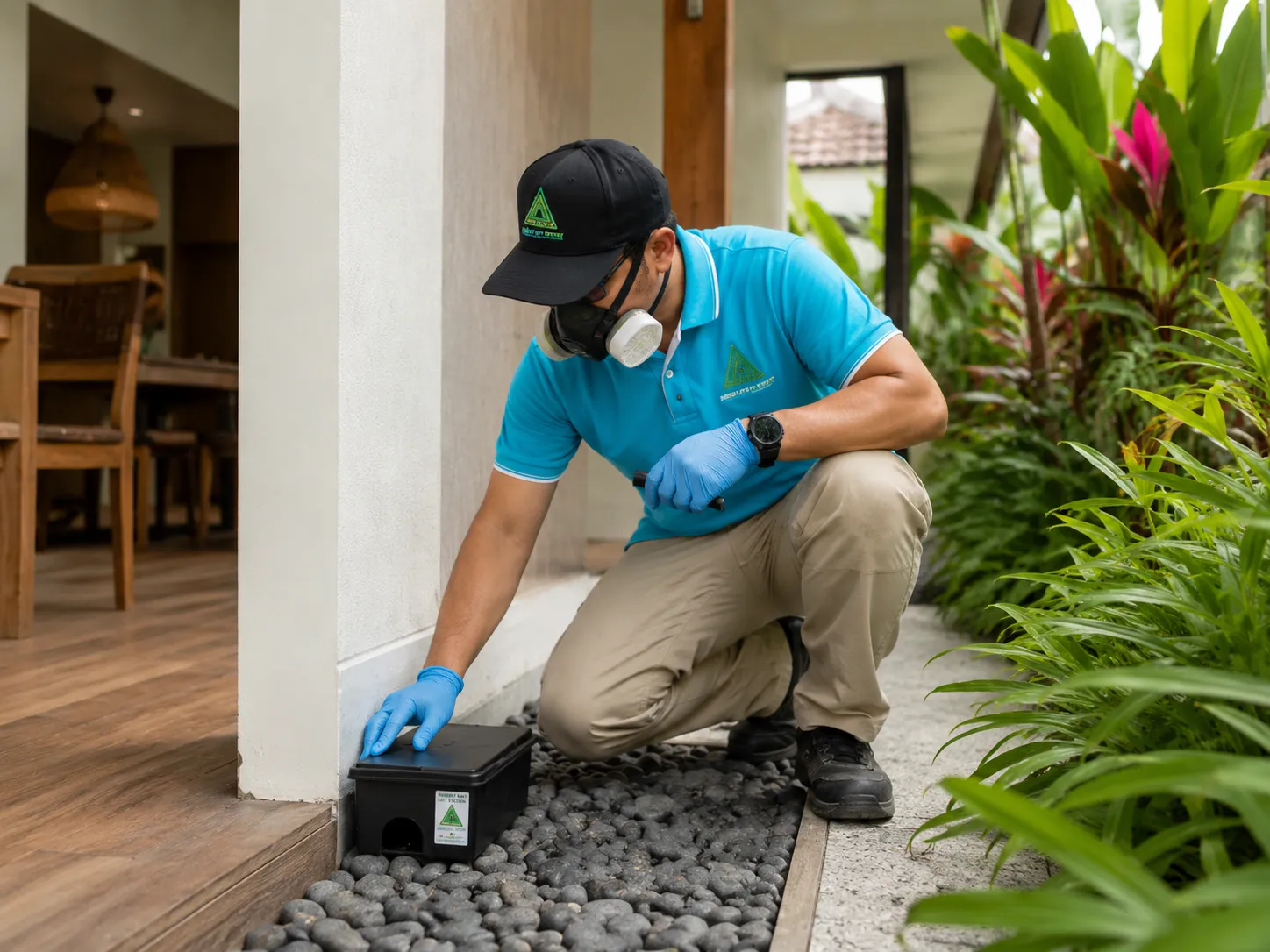 Pest Hunter technician in a Bali villa garden