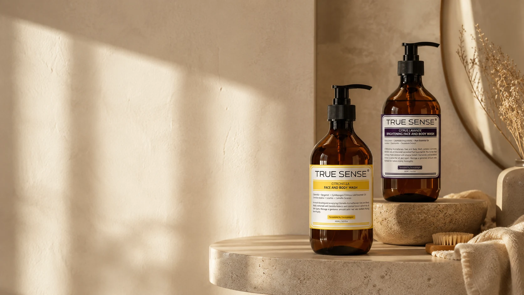 True Sense body washes in a warm stone bathroom setting