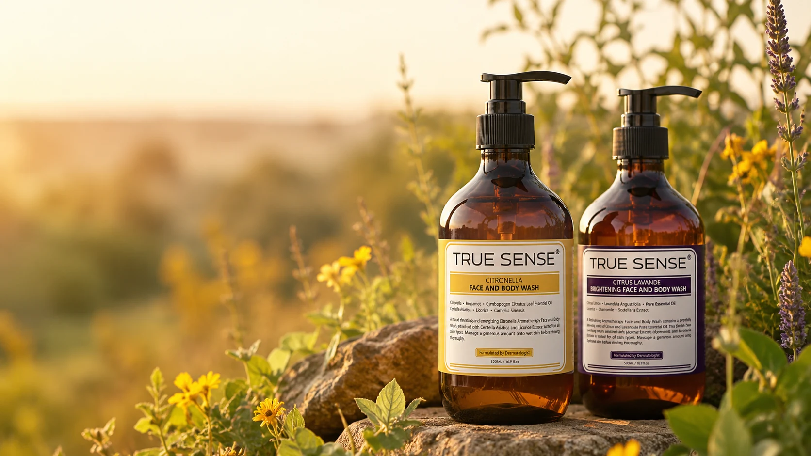 True Sense body washes among botanicals in golden sunlight