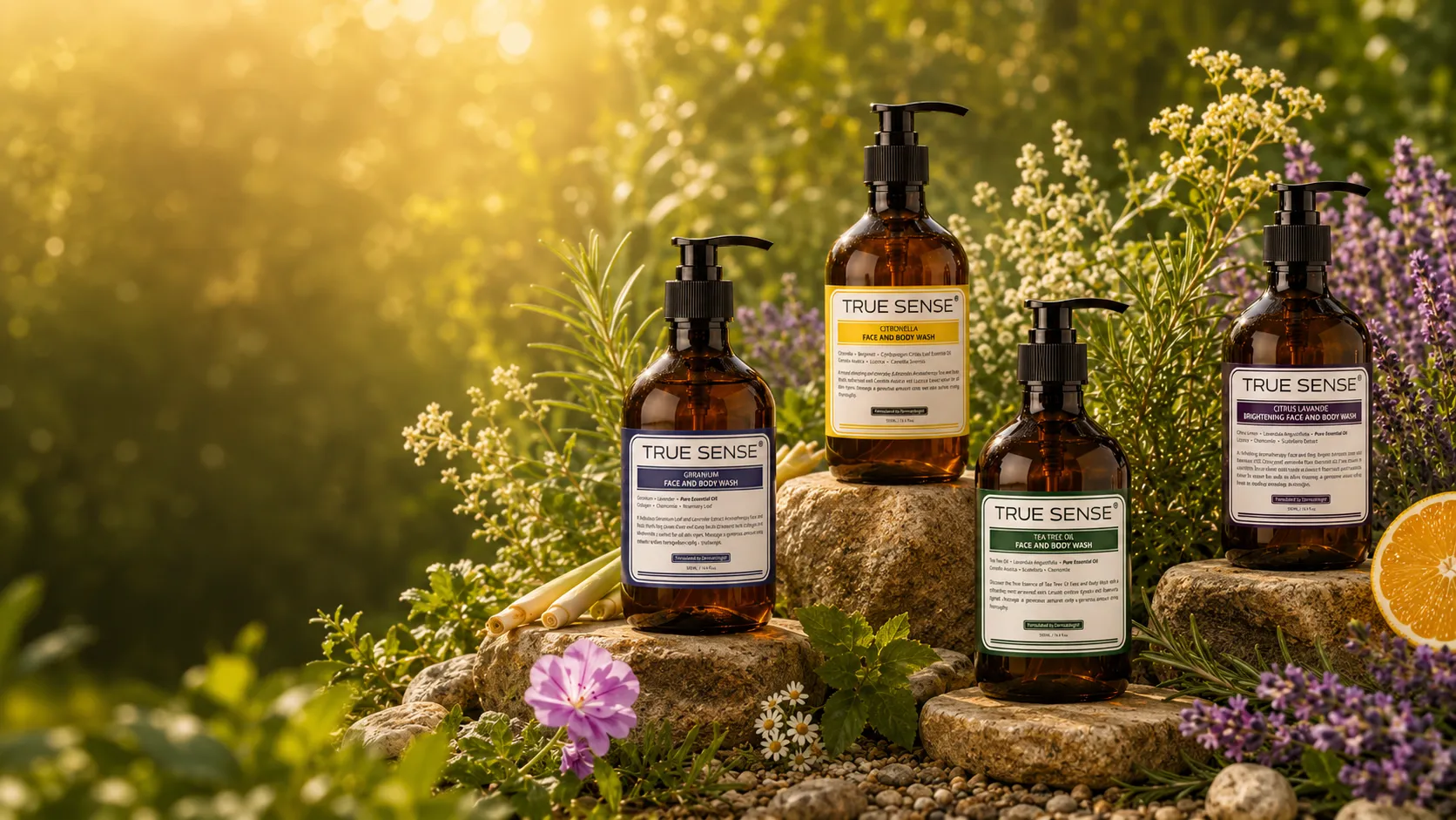 True Sense body washes among botanicals in golden sunlight
