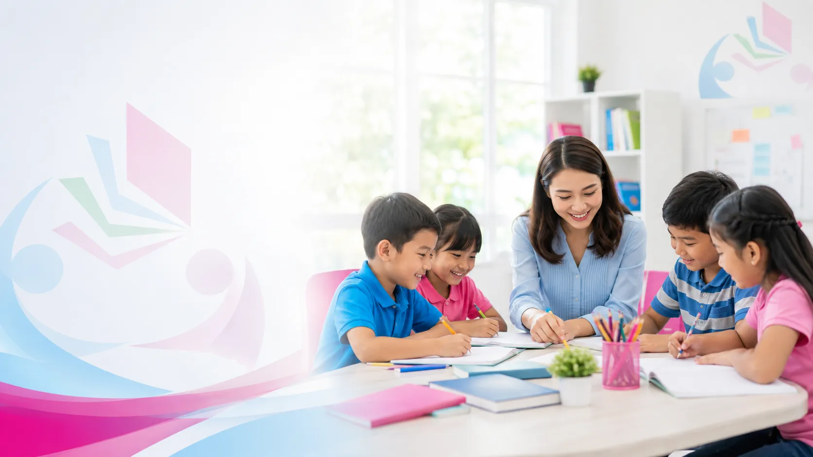 Kelompok kecil siswa belajar bersama satu guru