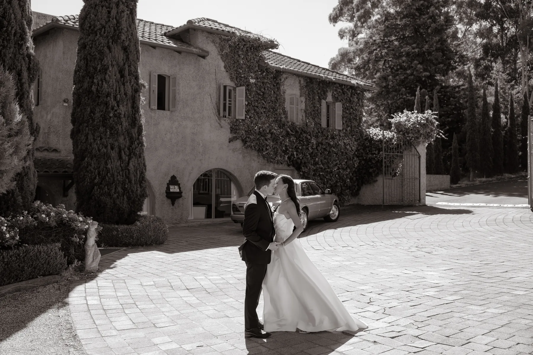 Bride and groom in a black and white wedding portrait