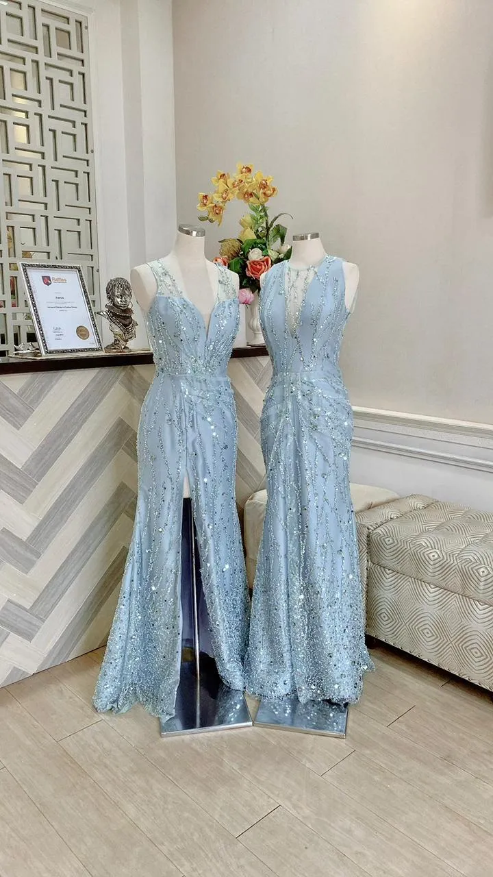 Ice Blue Halter Sequin Gown Duo