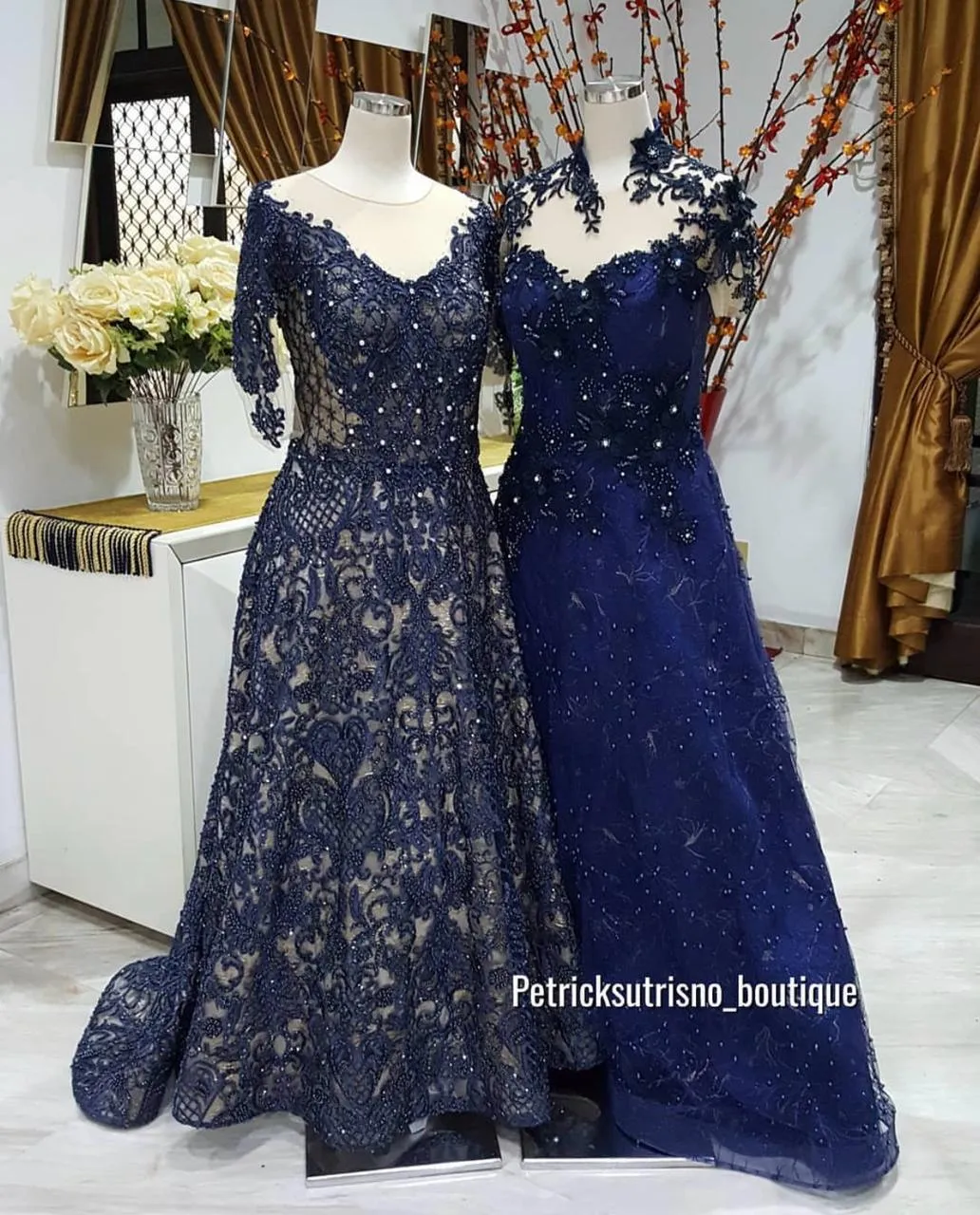 Navy Blue Lace Evening Gown Duo
