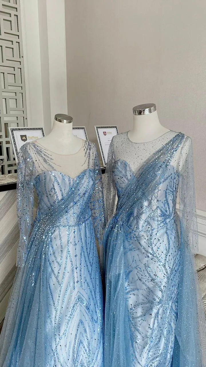 Powder Blue Crystal Draped Gown Duo