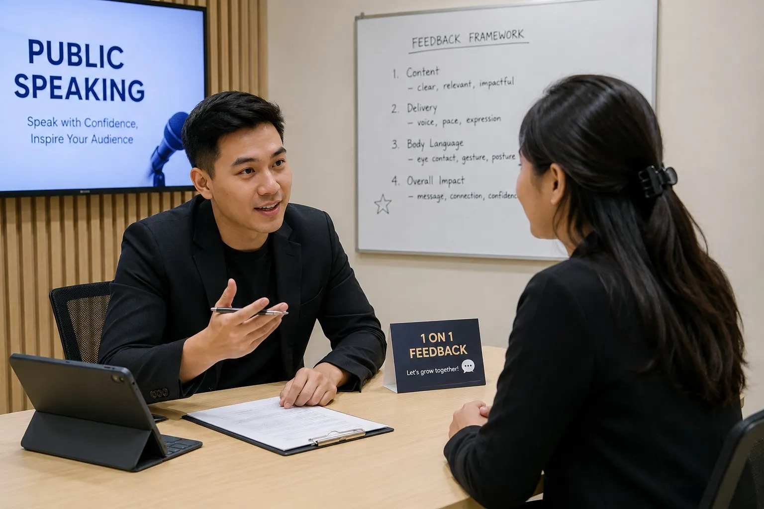 Sesi feedback langsung dari trainer setelah tampil.