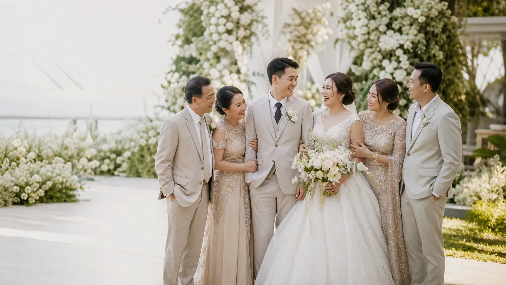 Pasangan pengantin berjalan bersama di antara dekorasi bunga dan cahaya hangat