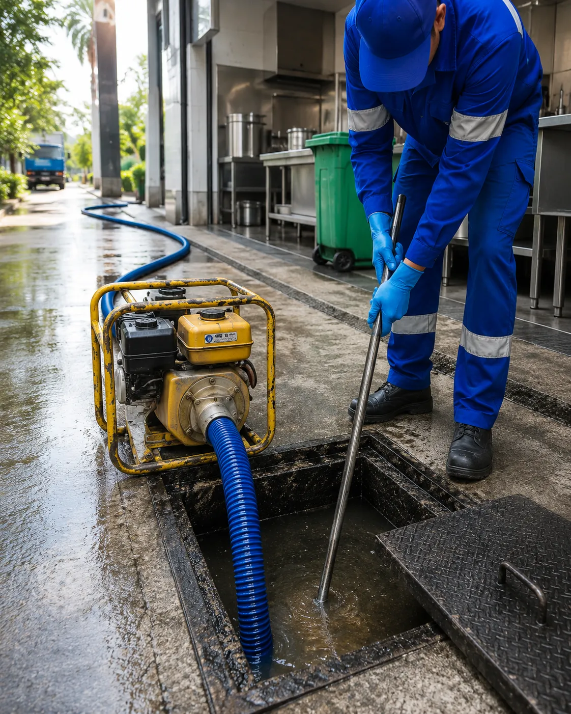 Proses penyedotan grease trap area dapur usaha