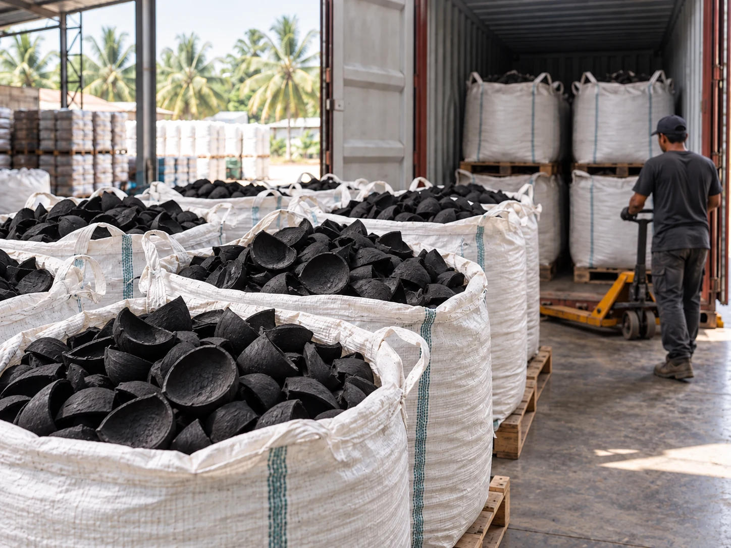 Bulk bags of coconut shell charcoal ready for export shipment