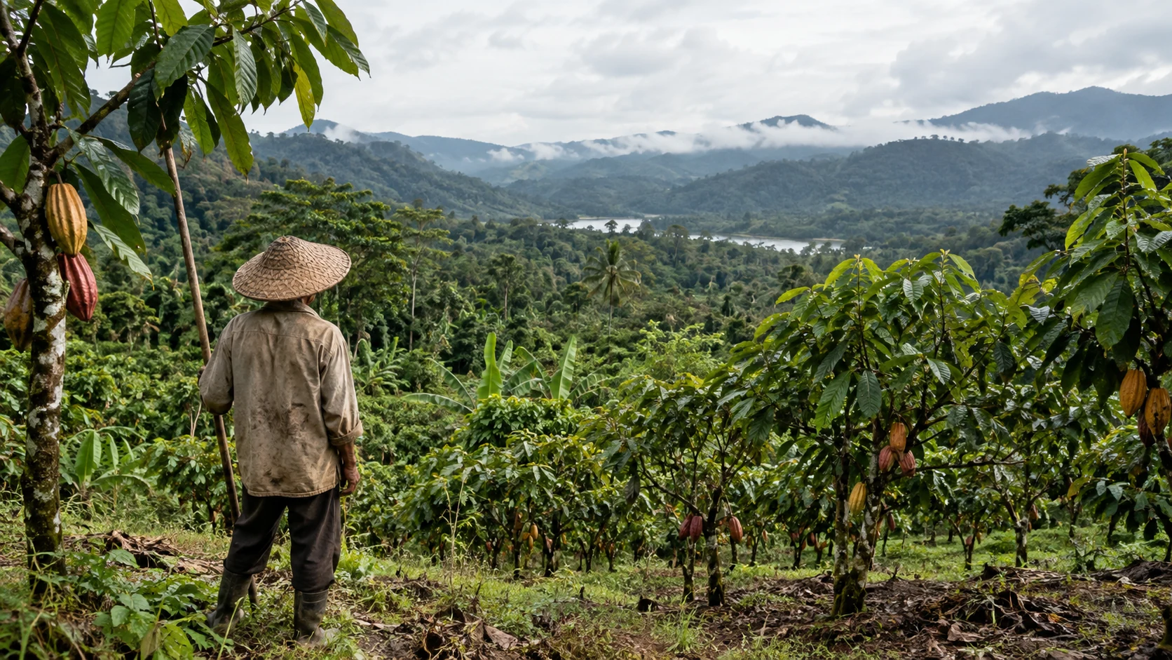 Pekebun mengamati perkebunan kakao tropis