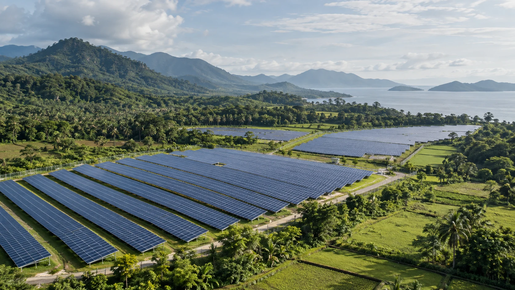 Panel surya dalam bentang energi terbarukan tropis