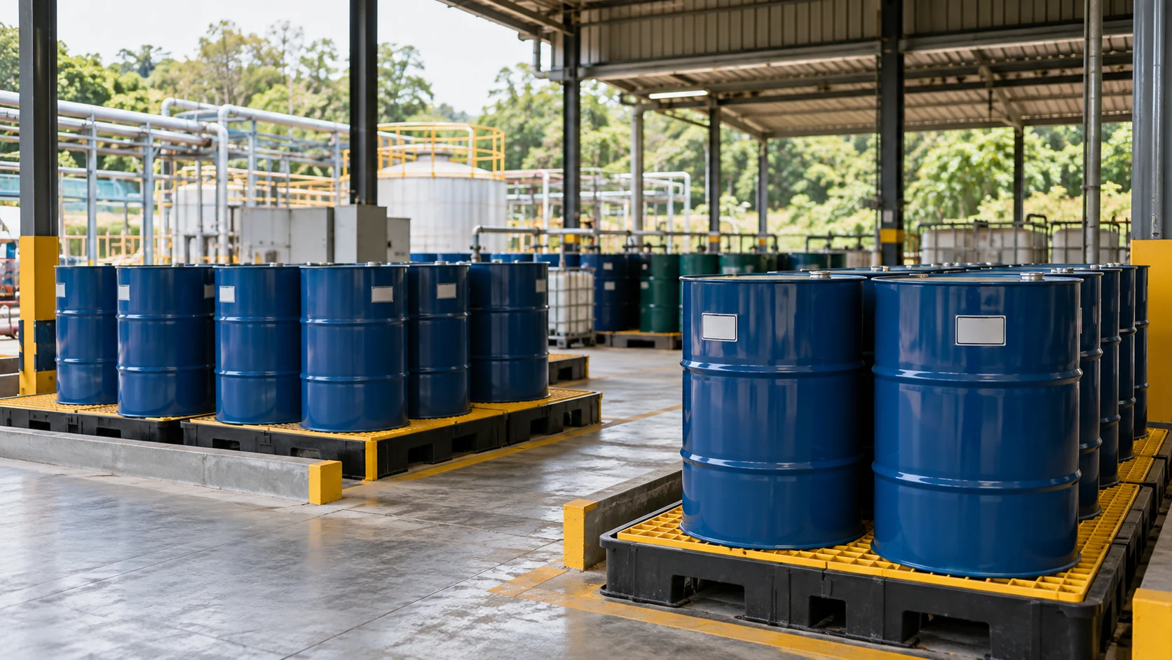 Drum industri tertutup di atas palet penampung
