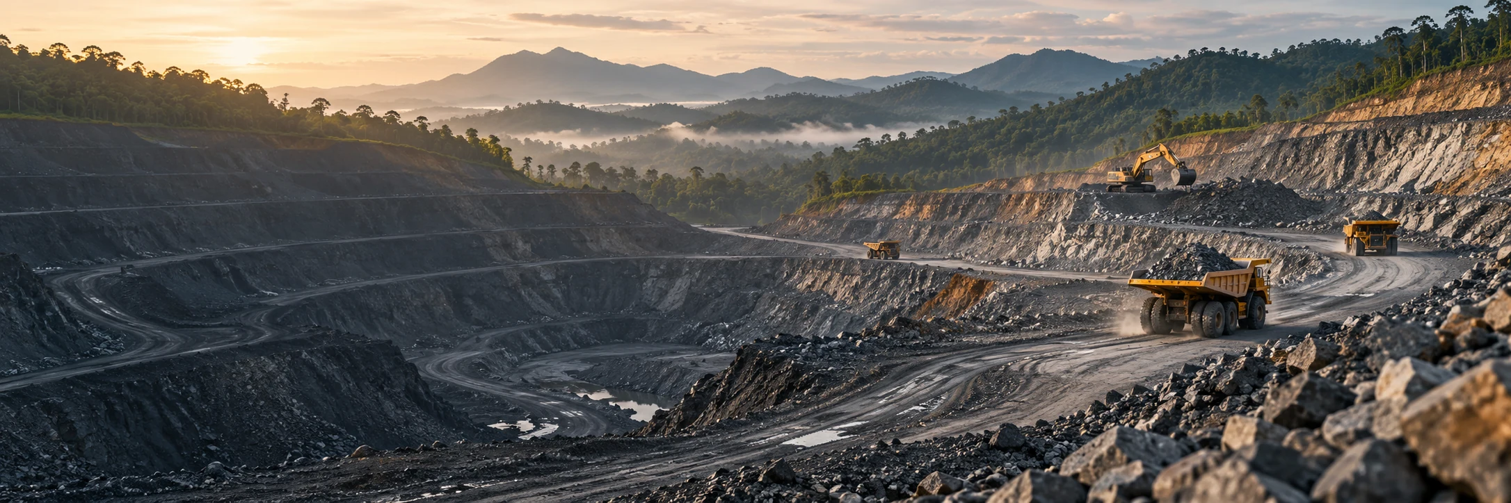Illustrative mine landscape and excavation equipment