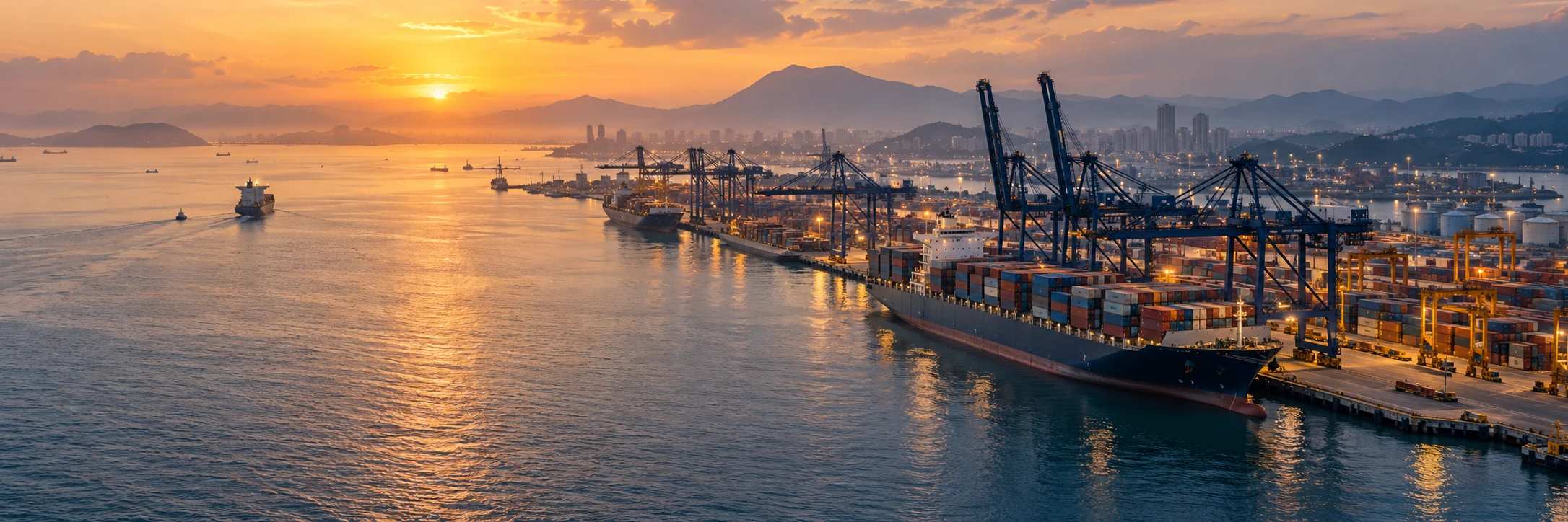 Illustrative Indonesian commercial port at sunset