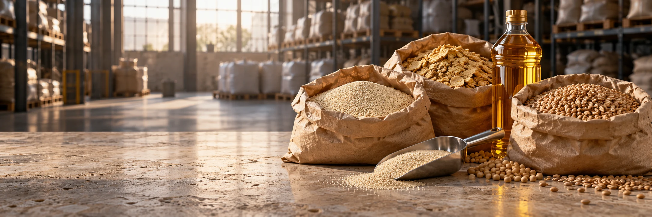 Illustrative food ingredients and edible oil in a supply warehouse