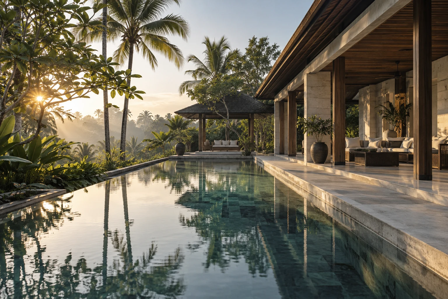 Illustrative tropical hospitality architecture and swimming pool