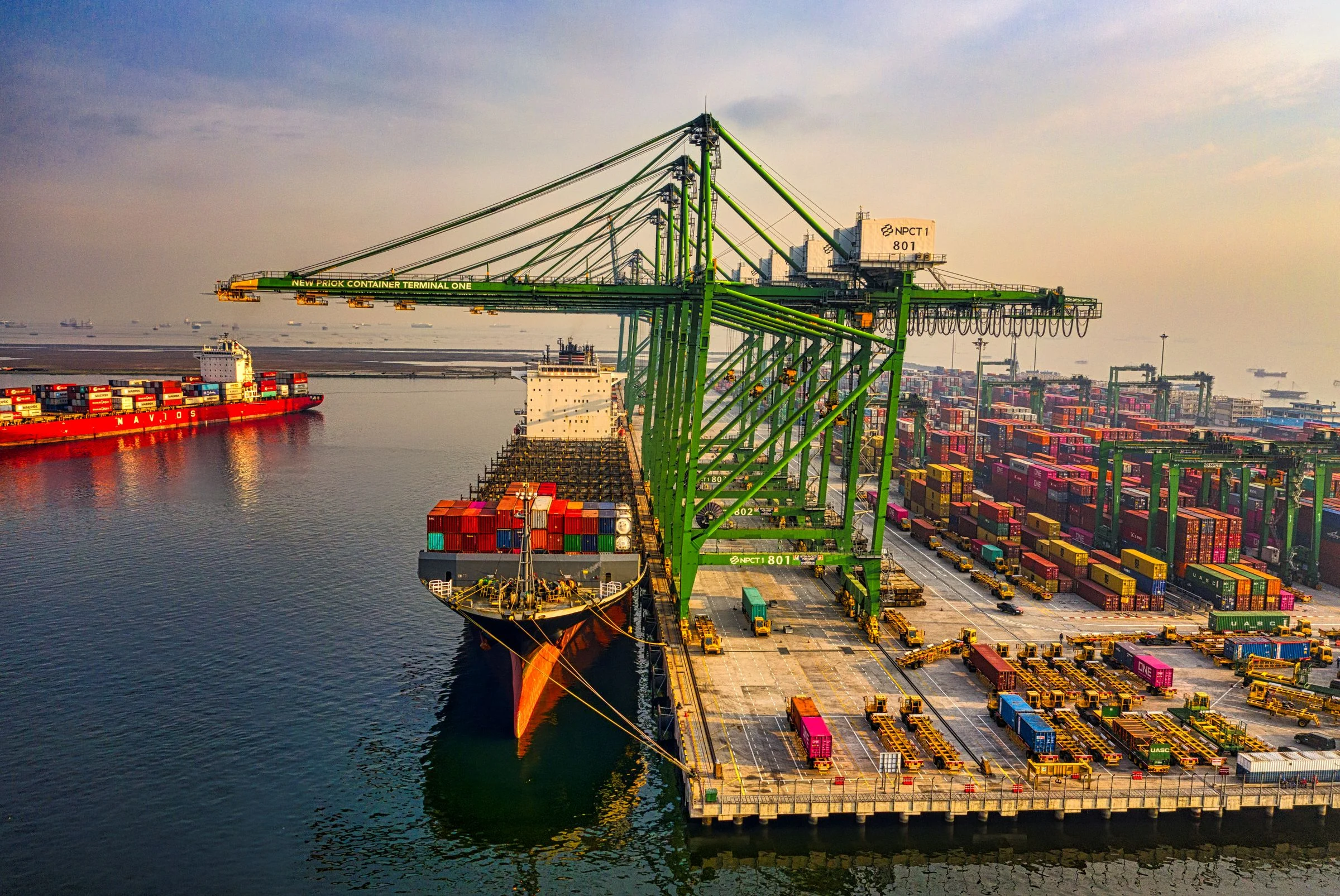 Container ship and cranes at a North Jakarta port