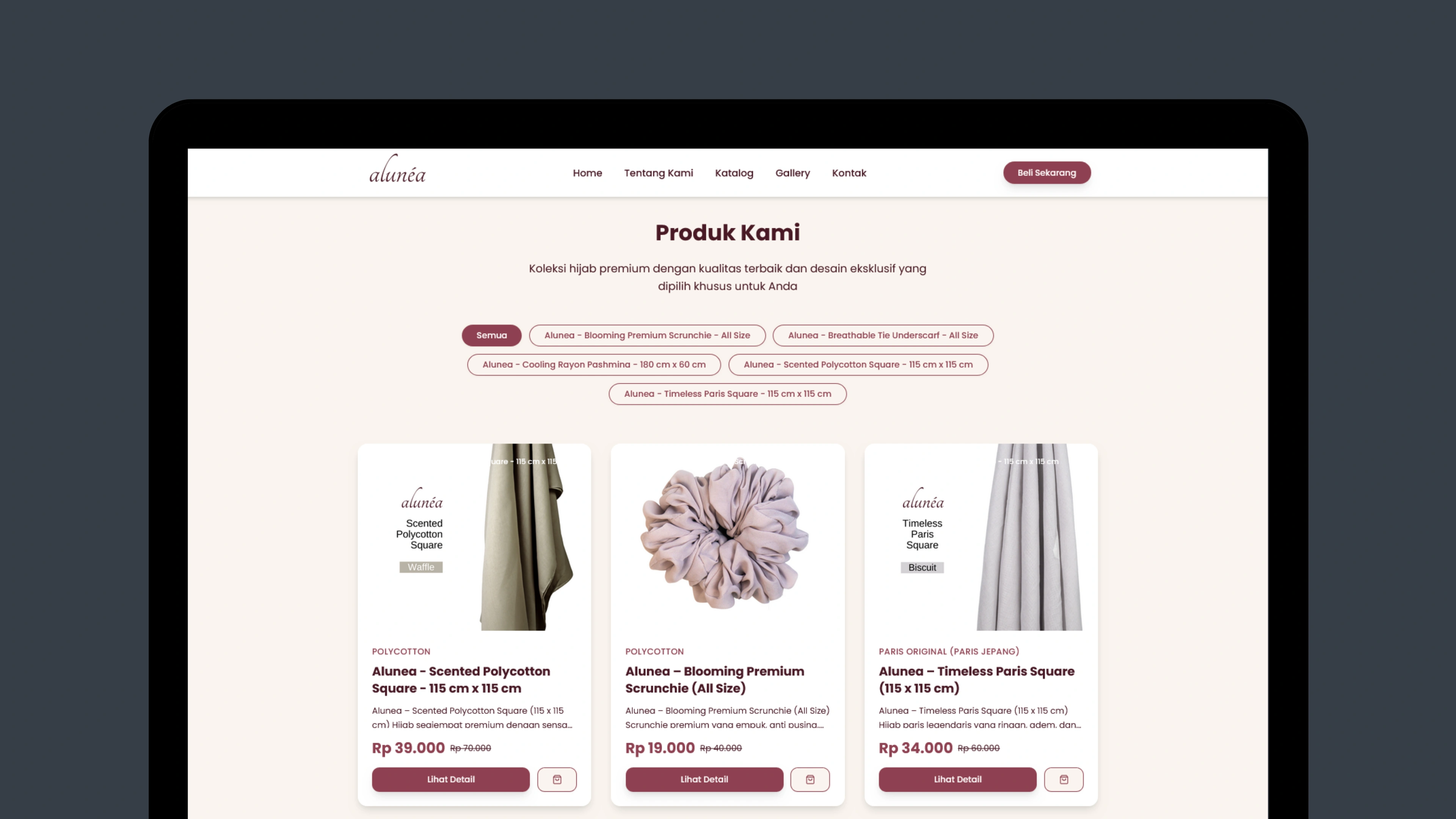 Alunea Official - Hijab Catalog website project oleh Ascend Web